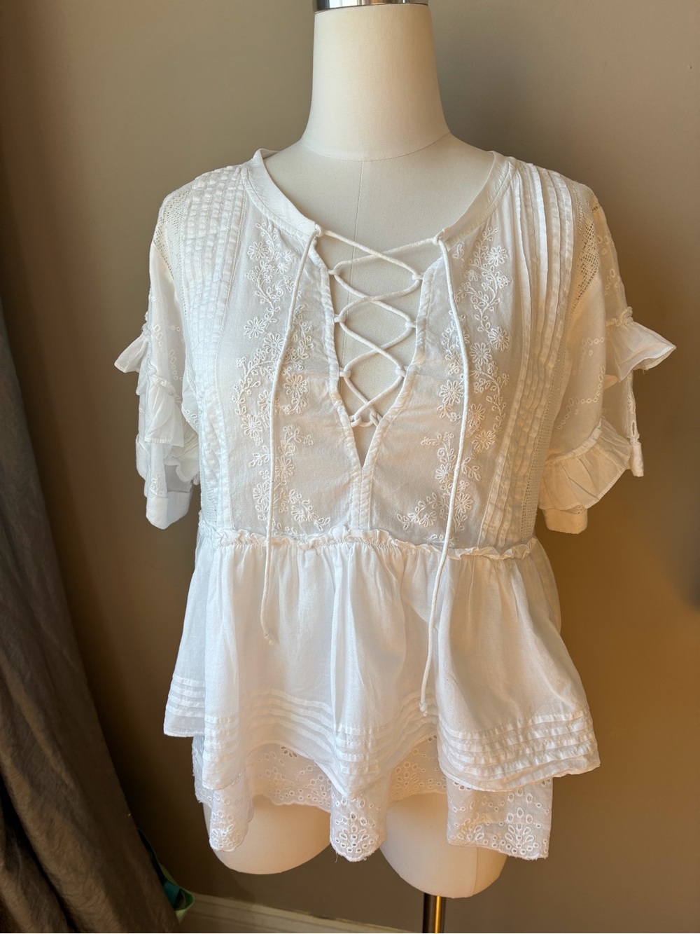 The Kooples White Lace-Up Embroidered eyelet Peplum Blouse M